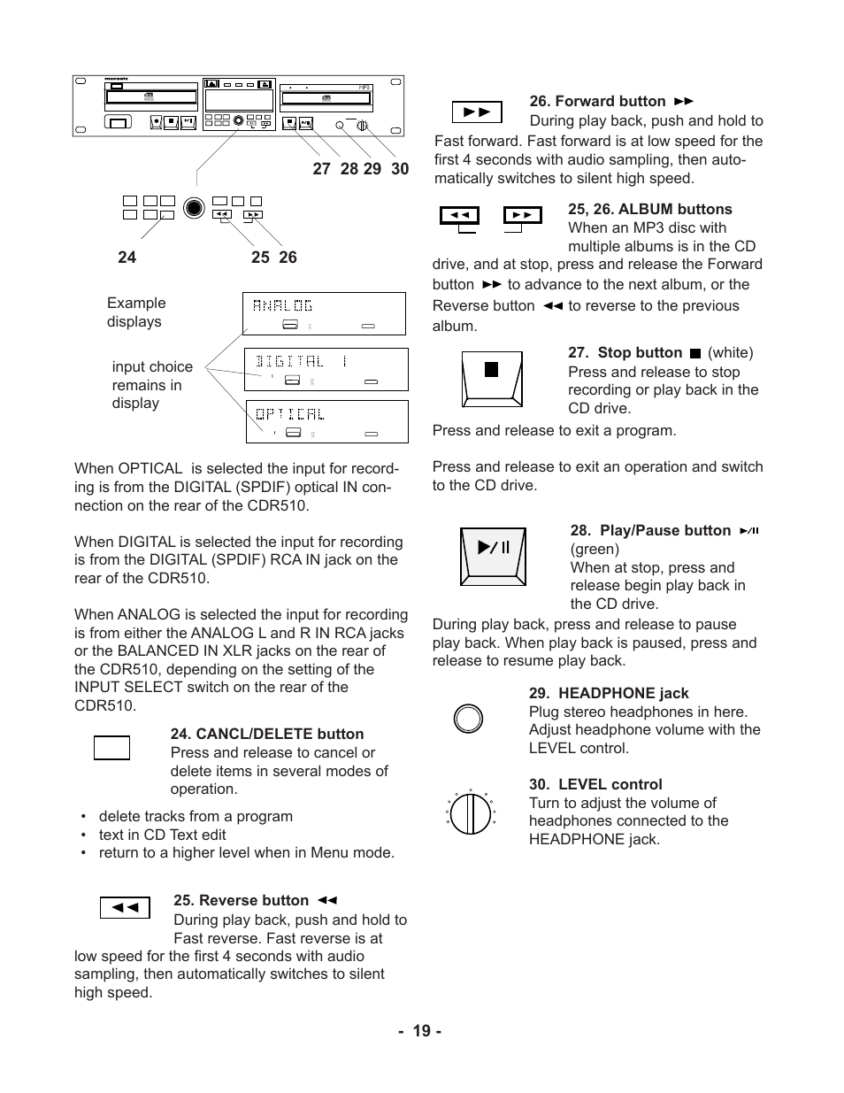 Example displays, Input choice remains in display | Marantz CDR510 User Manual | Page 19 / 57