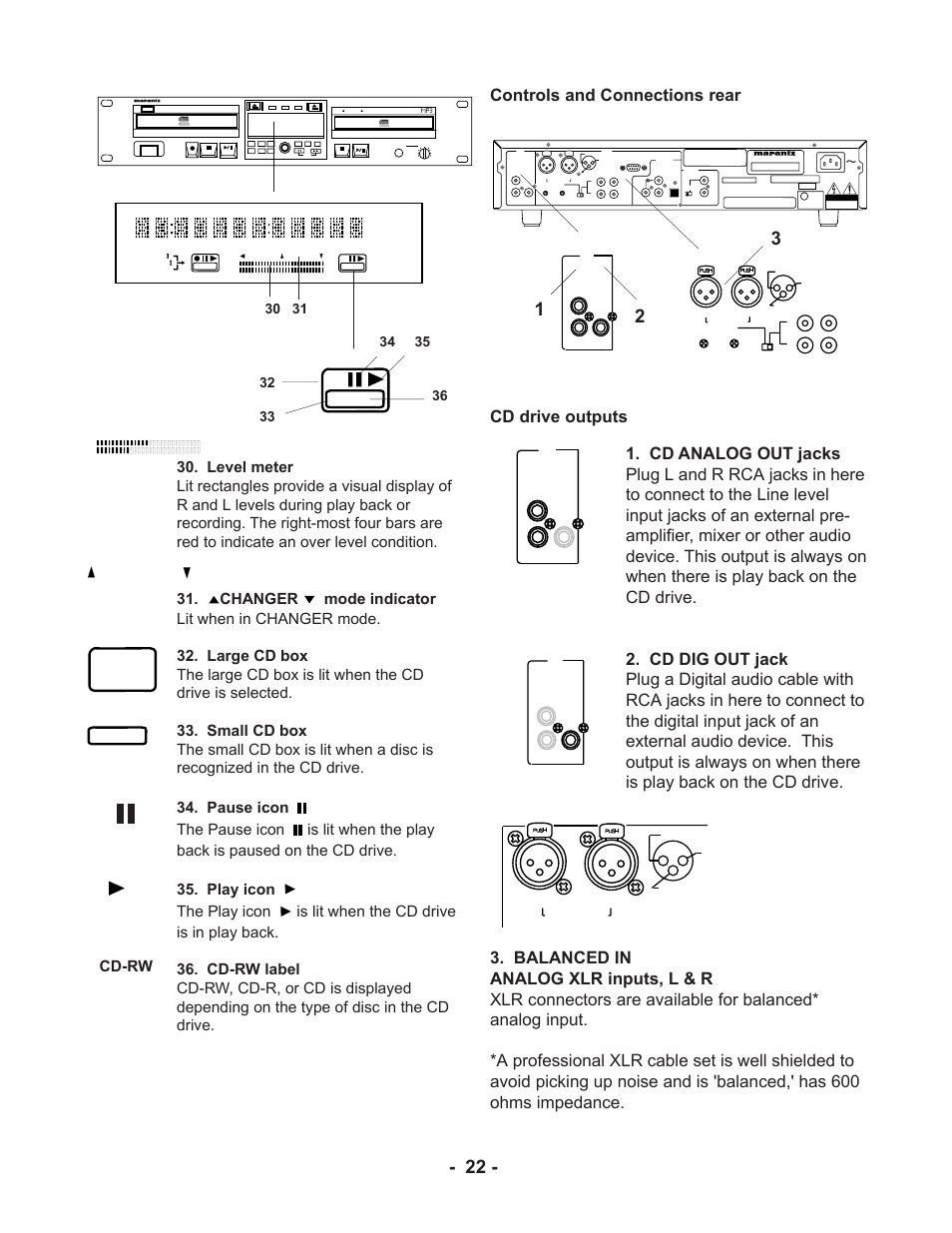 Controls and connections rear cd drive outputs, Changer cd-rw | Marantz CDR510 User Manual | Page 22 / 57