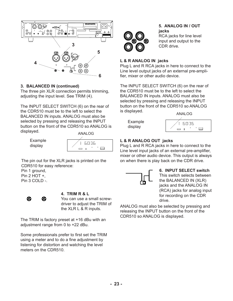 Example display, Analog, Analog in out l r | Input select in | Marantz CDR510 User Manual | Page 23 / 57