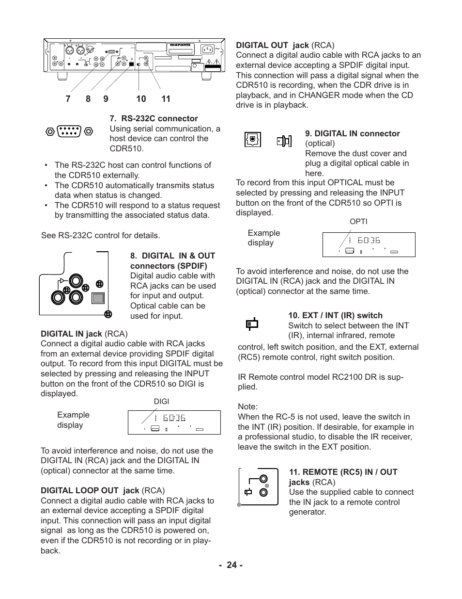 Digi, Opti, Rs232c | Int.(ir) ext | Marantz CDR510 User Manual | Page 24 / 57