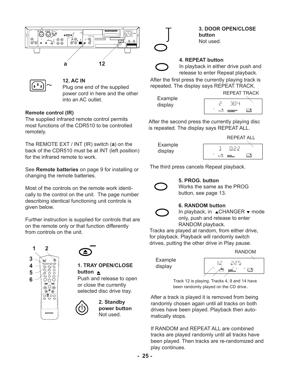 A 12, Standby power button not used, Repeat all repeat track | Random, Space display scroll | Marantz CDR510 User Manual | Page 25 / 57