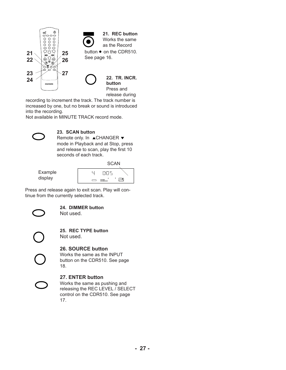 Not used, Not used. 26. source button, Enter button | Rec button works the same as the record, Example display, Rec type button, Space display scroll | Marantz CDR510 User Manual | Page 27 / 57