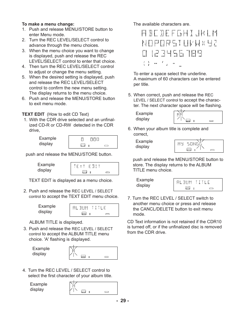 Example display album title is displayed, Example display, Rec level / select control | Marantz CDR510 User Manual | Page 29 / 57