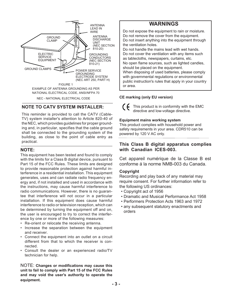 Warnings | Marantz CDR510 User Manual | Page 3 / 57