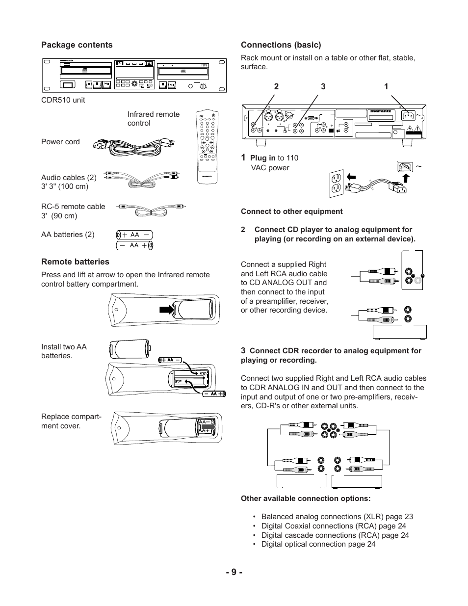 Package contents, Remote batteries, Connections (basic) 2 3 1 | Rc-5 remote cable 3' (90 cm), Plug in to 110 vac power, Space display scroll | Marantz CDR510 User Manual | Page 9 / 57