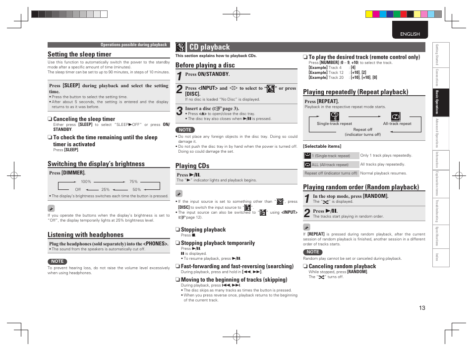 Cd playback, Before playing a disc, Playing cds | Playing repeatedly (repeat playback), Playing random order (random playback), Setting the sleep timer, Switching the display’s brightness, Listening with headphones | Marantz M-CR603 User Manual | Page 17 / 52