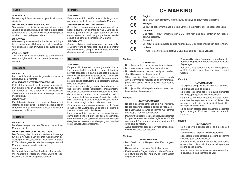 Ce marking | Marantz RC101 User Manual | Page 3 / 15