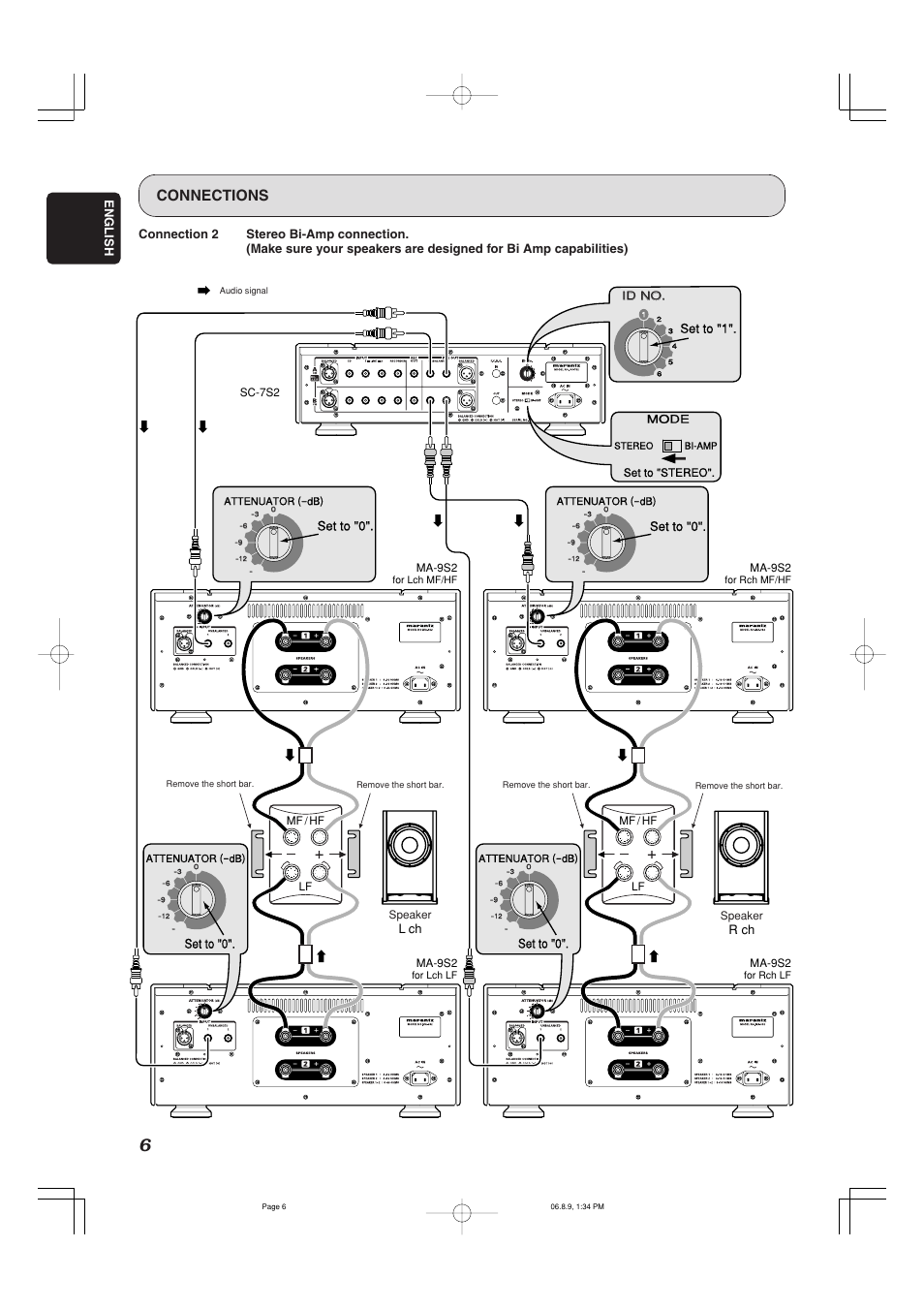 Connections, Push, English | R ch, L ch, Set to "0, Set to "1". set to "0". set to "0 | Marantz MA-9S2 User Manual | Page 10 / 19