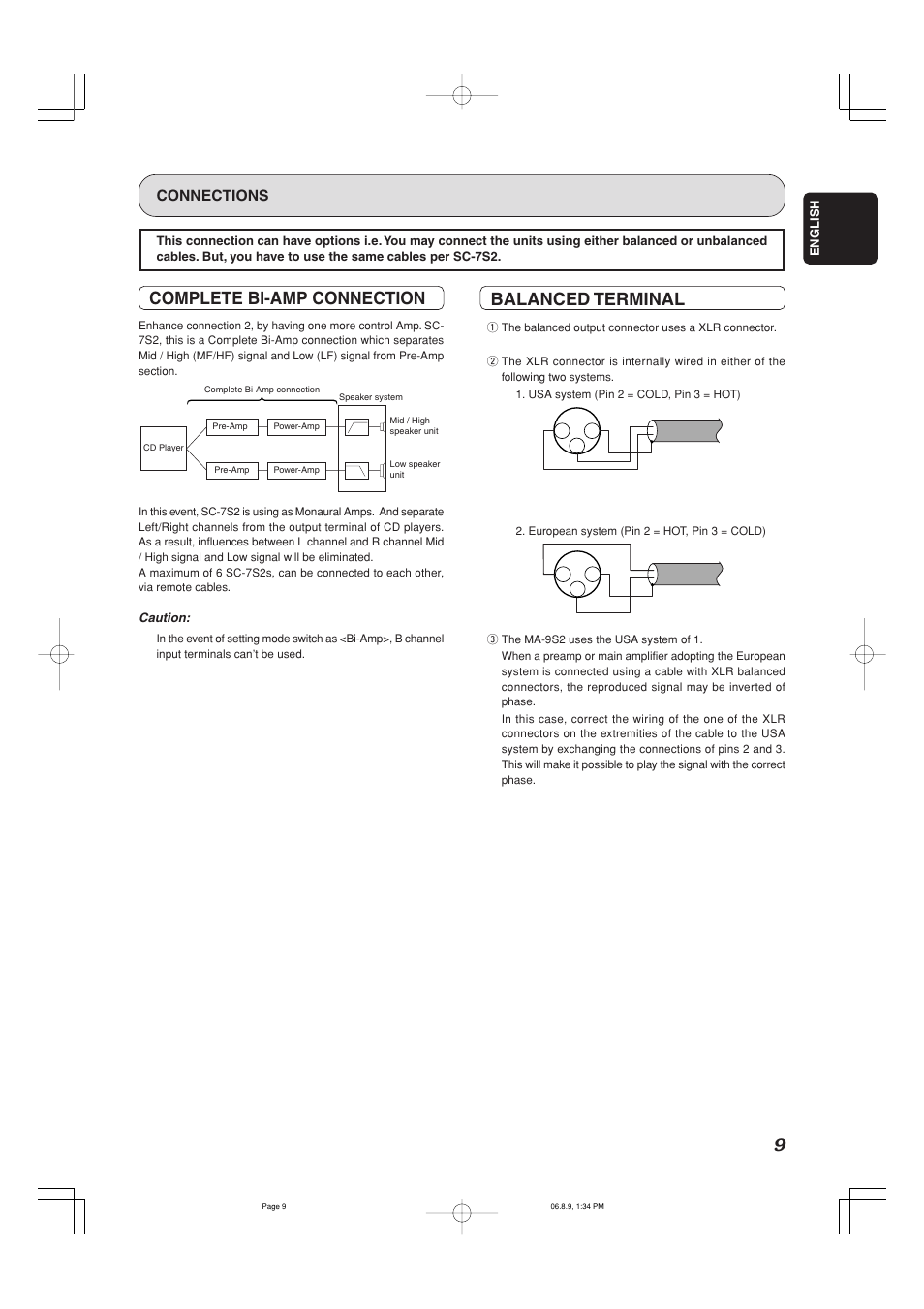 9complete bi-amp connection, Balanced terminal, Connections | Marantz MA-9S2 User Manual | Page 13 / 19