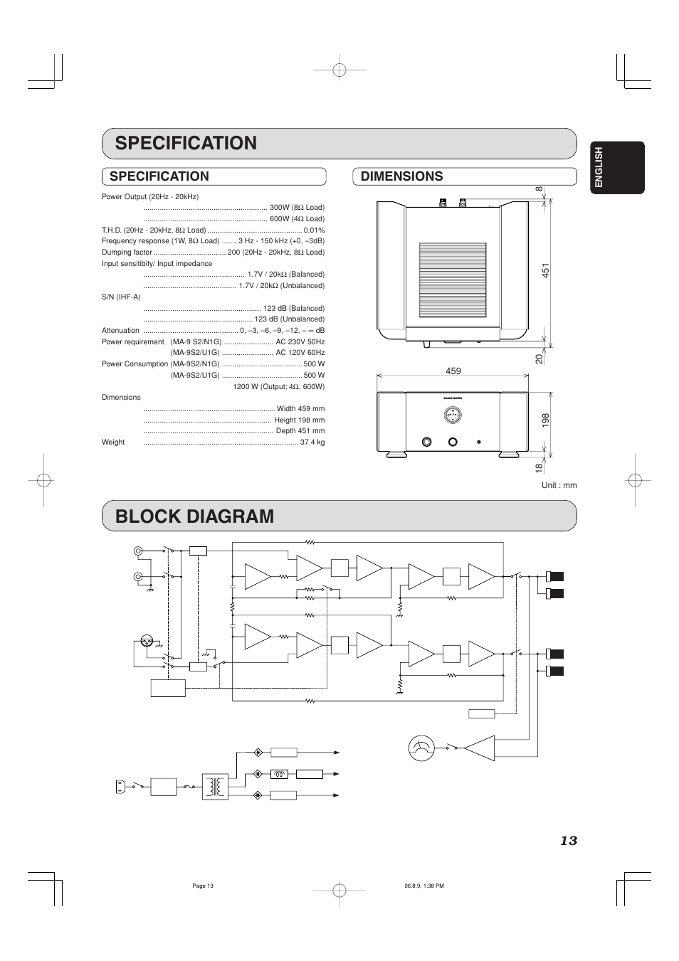 Specification, Block diagram, 13 specification | Dimensions | Marantz MA-9S2 User Manual | Page 17 / 19