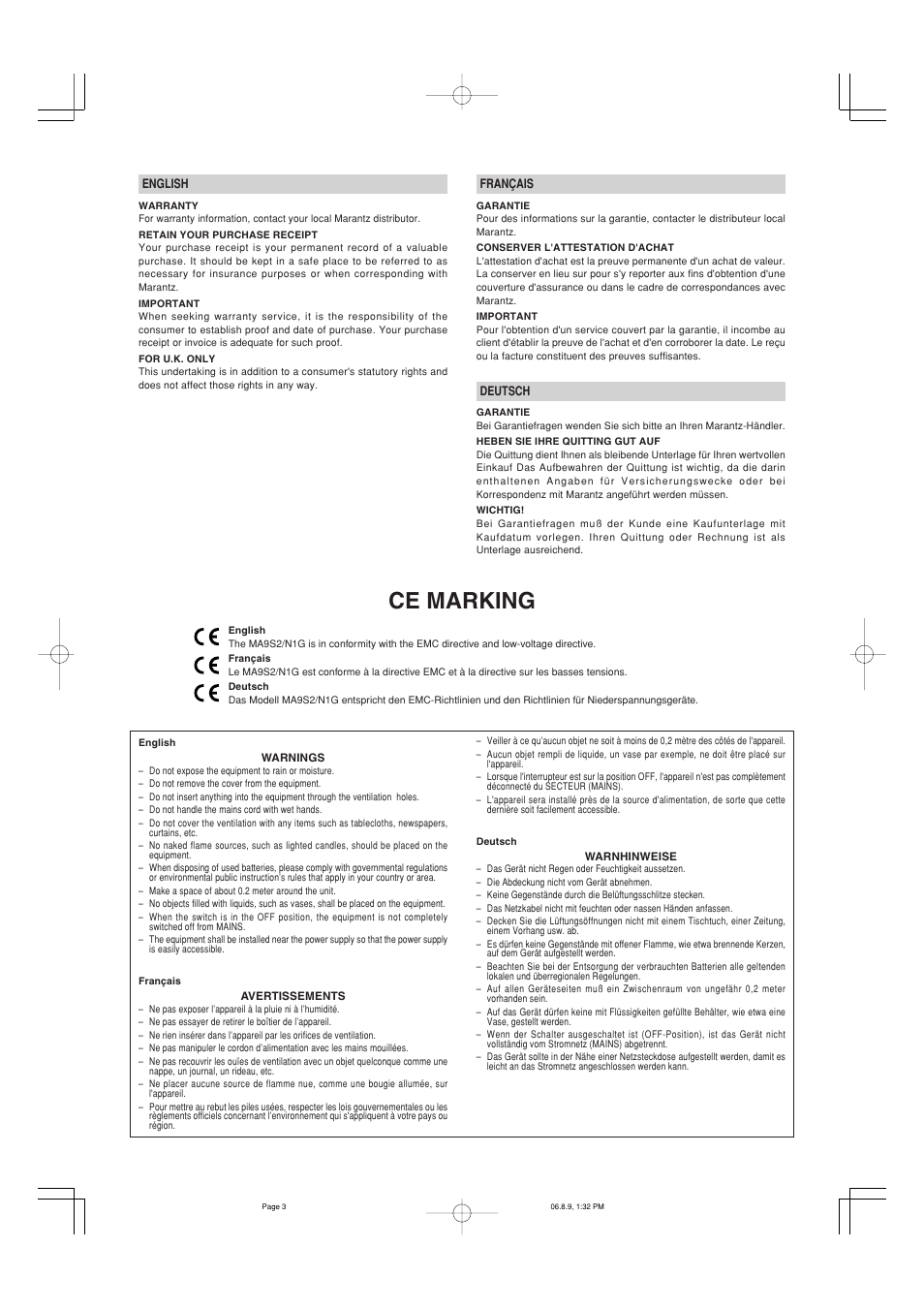 Ce marking | Marantz MA-9S2 User Manual | Page 4 / 19