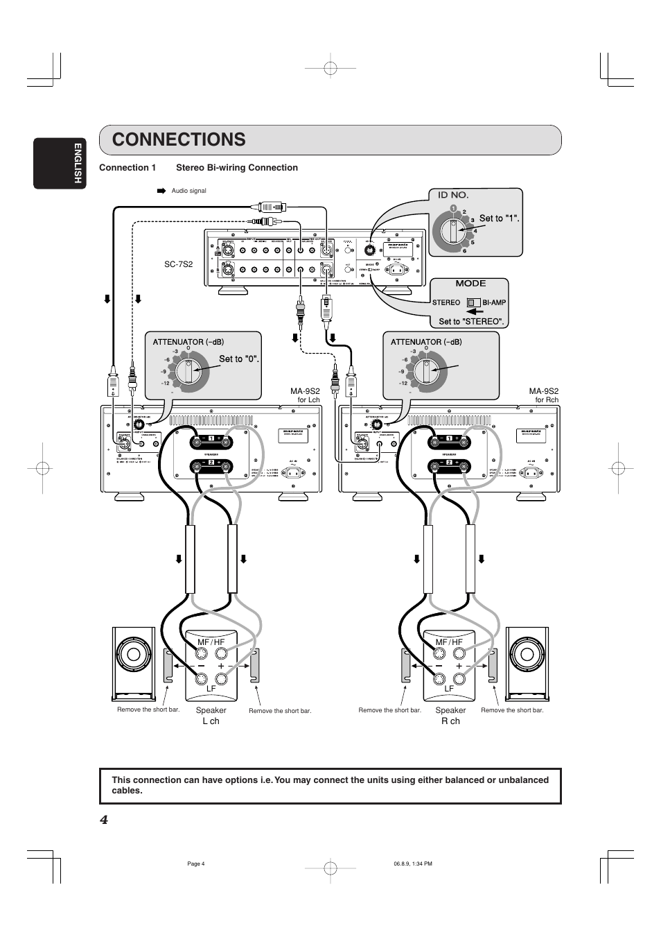 Connections, Push, English | R ch, L ch, Set to "0, Set to "1 | Marantz MA-9S2 User Manual | Page 8 / 19