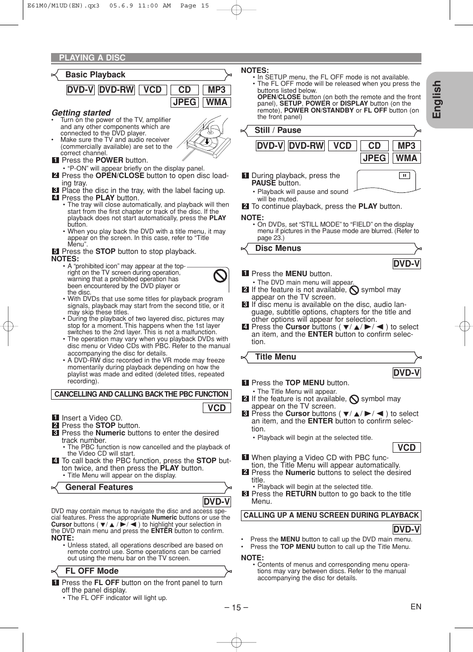 English, Wma jpeg mp3 cd vcd dvd-rw dvd-v, Dvd-v | Marantz DV4600 User Manual | Page 15 / 28