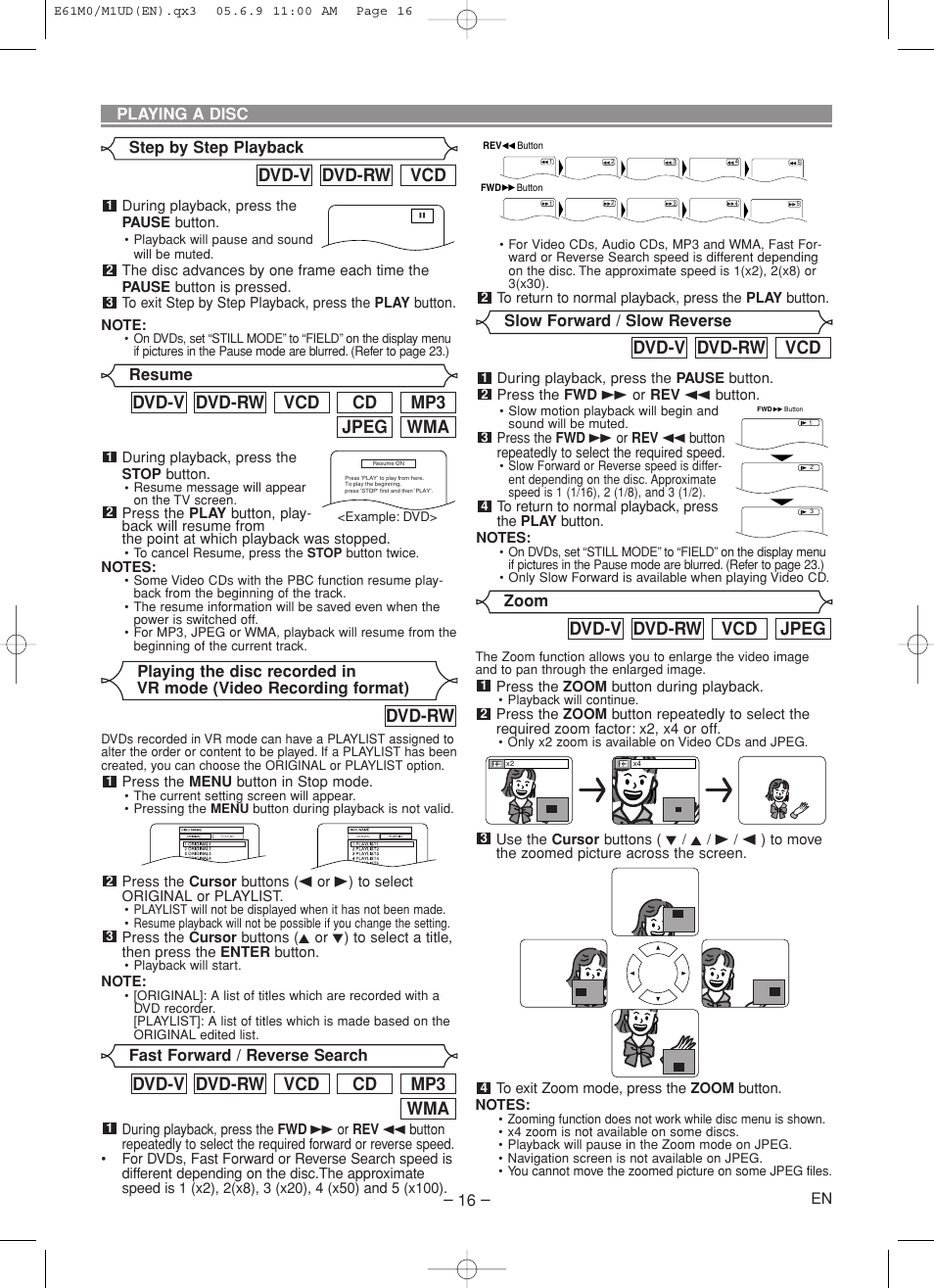 Wma jpeg mp3 cd vcd dvd-rw dvd-v, Vcd dvd-rw dvd-v, Wma mp3 cd vcd dvd-rw dvd-v | Dvd-rw, Jpeg vcd dvd-rw dvd-v | Marantz DV4600 User Manual | Page 16 / 28