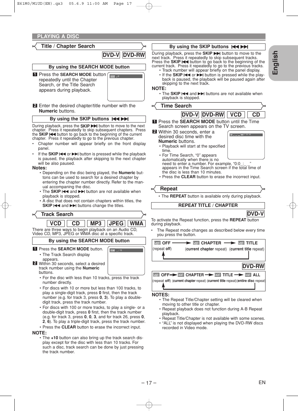 English, Wma jpeg mp3 cd vcd, Dvd-rw dvd-v | Dvd-v, Cd vcd dvd-rw dvd-v, Dvd-rw | Marantz DV4600 User Manual | Page 17 / 28