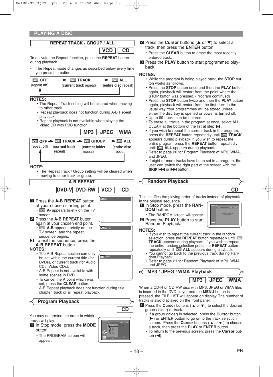 Cd vcd dvd-rw dvd-v, Cd vcd, Wma jpeg mp3 | Marantz DV4600 User Manual | Page 18 / 28