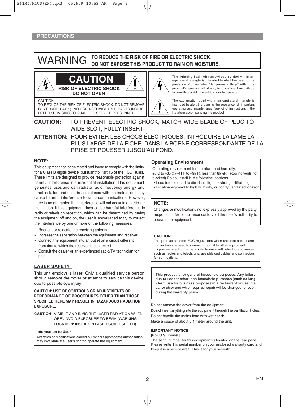 Warning, Caution | Marantz DV4600 User Manual | Page 2 / 28