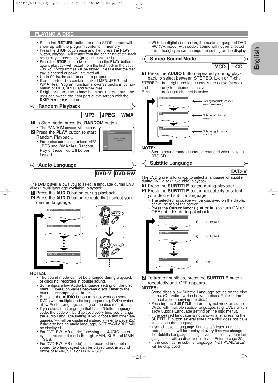 English, Wma jpeg mp3, Dvd-rw dvd-v | Cd vcd, Dvd-v, Random playback – 21, Playing a disc, Audio language, Stereo sound mode, Subtitle language | Marantz DV4600 User Manual | Page 21 / 28