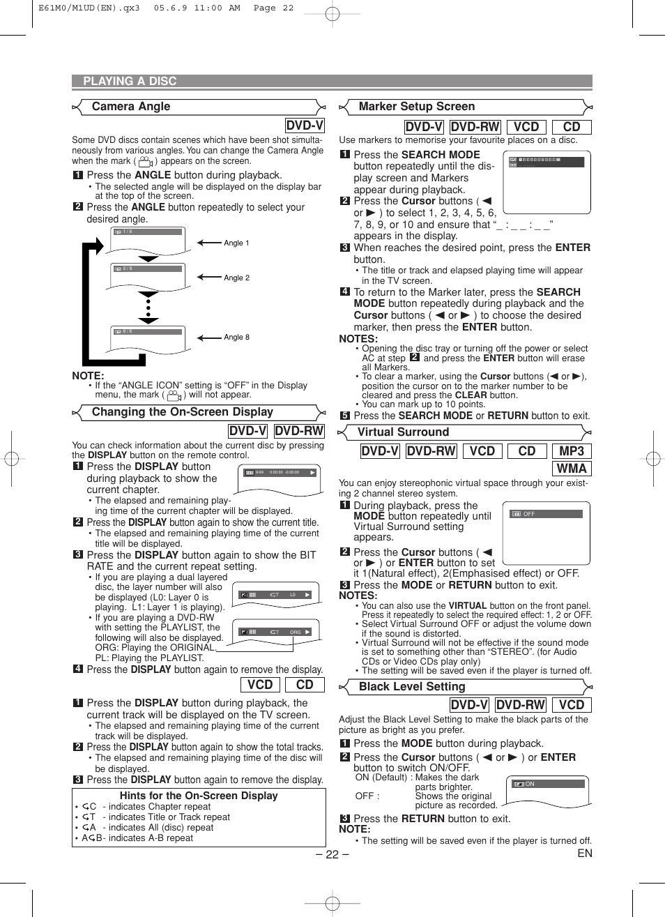 Wma mp3 cd vcd dvd-rw dvd-v, Cd vcd dvd-rw dvd-v, Dvd-rw dvd-v | Cd vcd, Dvd-v, Vcd dvd-rw dvd-v | Marantz DV4600 User Manual | Page 22 / 28