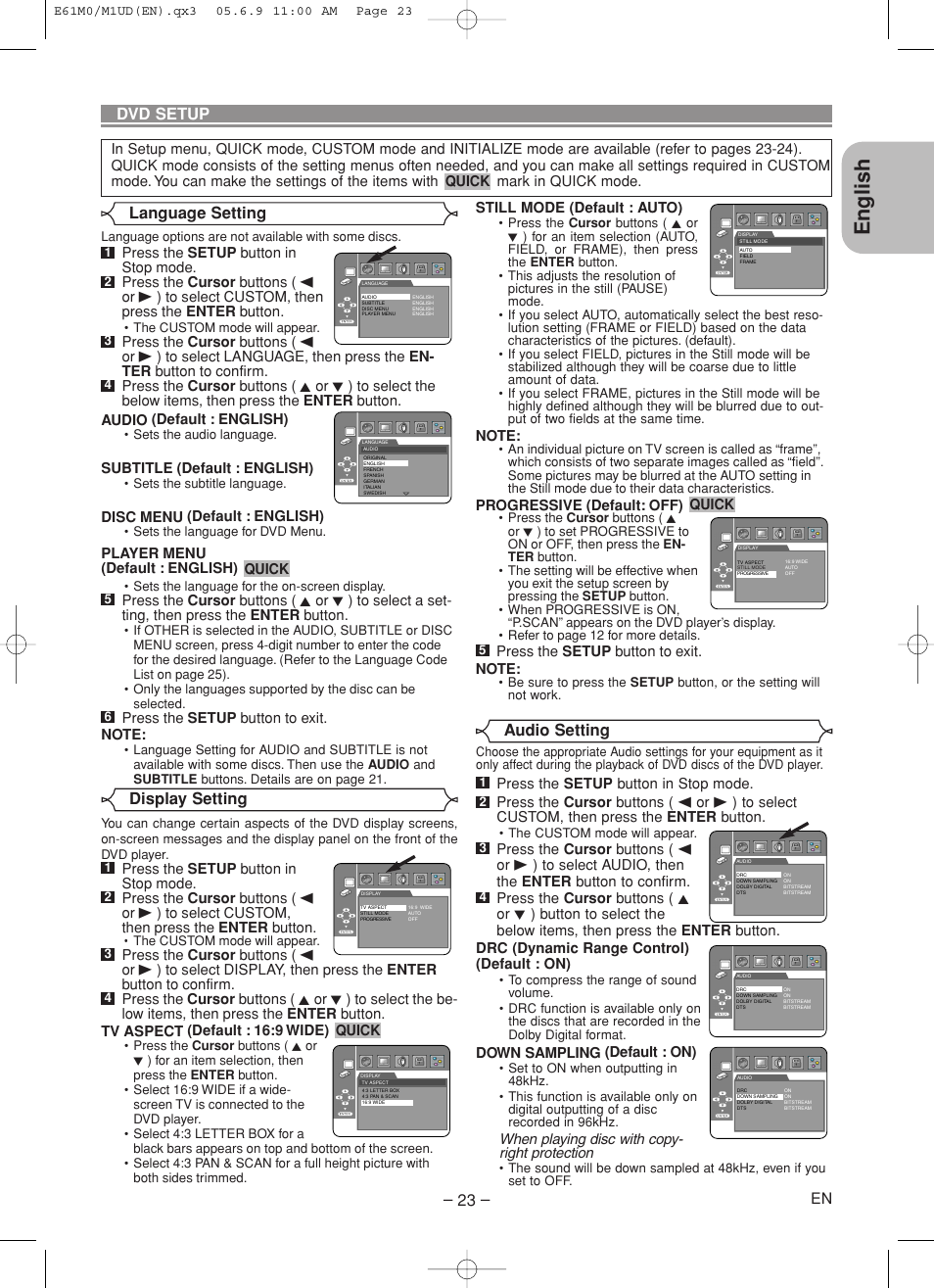 English, Display setting, Language setting – 23 | Dvd setup, Audio setting | Marantz DV4600 User Manual | Page 23 / 28
