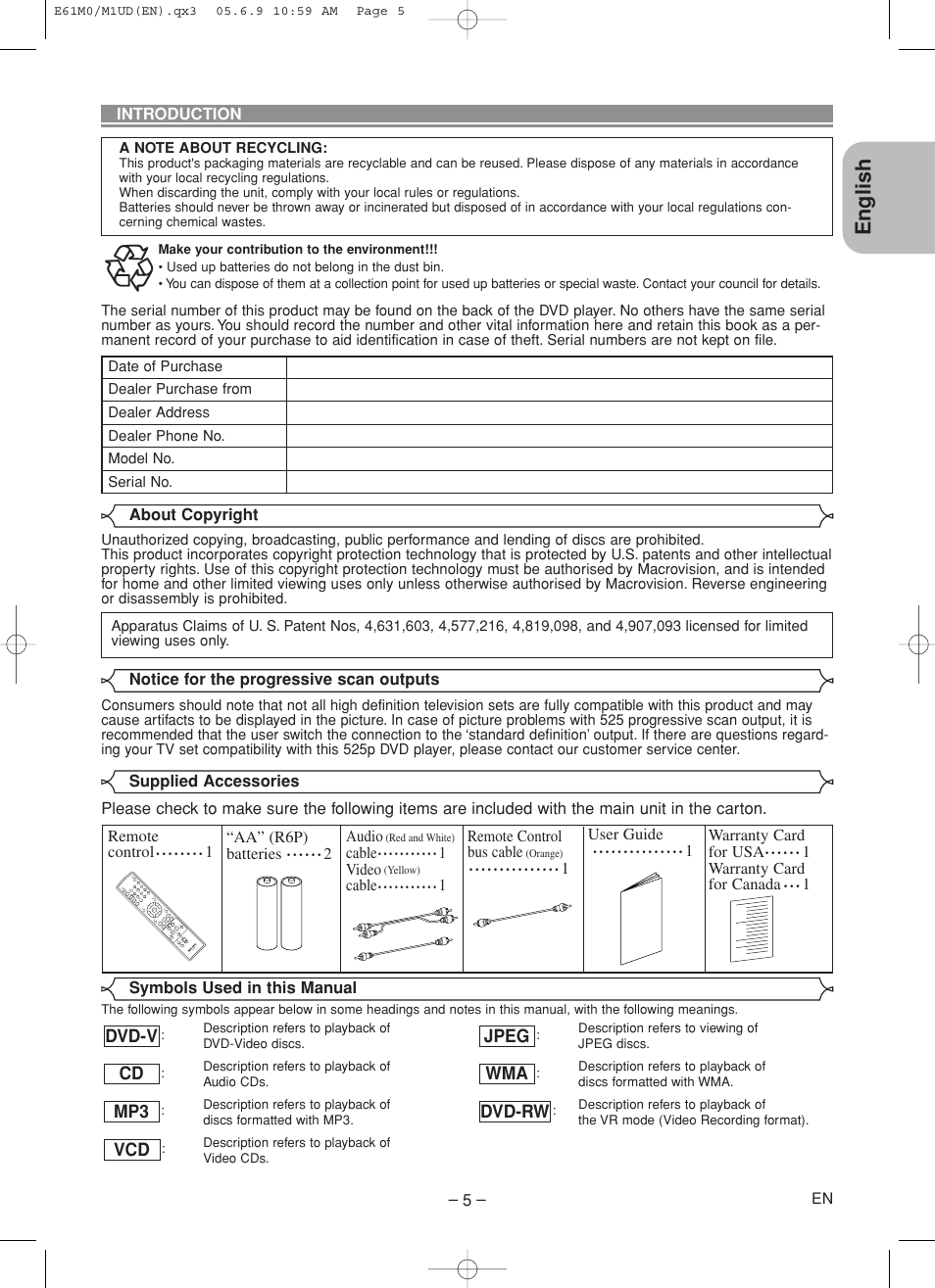 English, Vcd mp3 cd dvd-v, Dvd-rw wma jpeg | Marantz DV4600 User Manual | Page 5 / 28