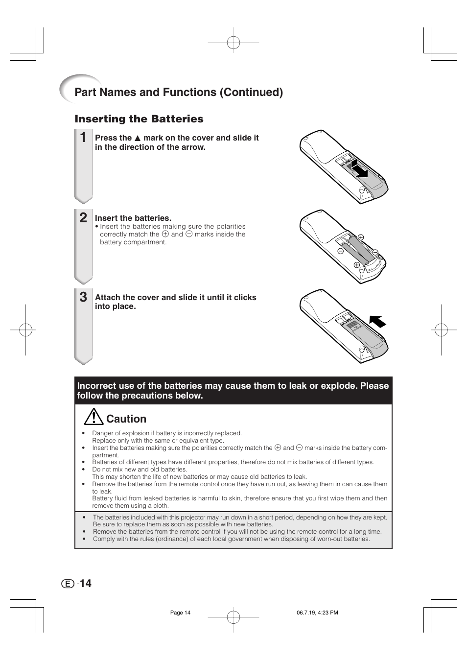 Part names and functions (continued), Caution, Inserting the batteries | Marantz VP4001 User Manual | Page 15 / 66