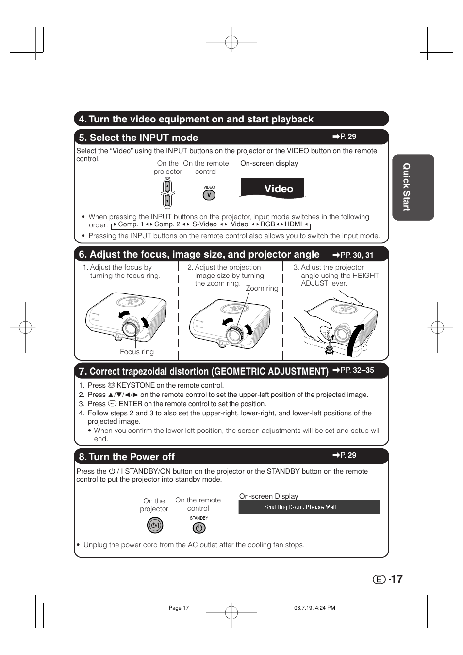 Video, Select the input mode, Adjust the focus, image size, and projector angle | Quic k star t | Marantz VP4001 User Manual | Page 18 / 66