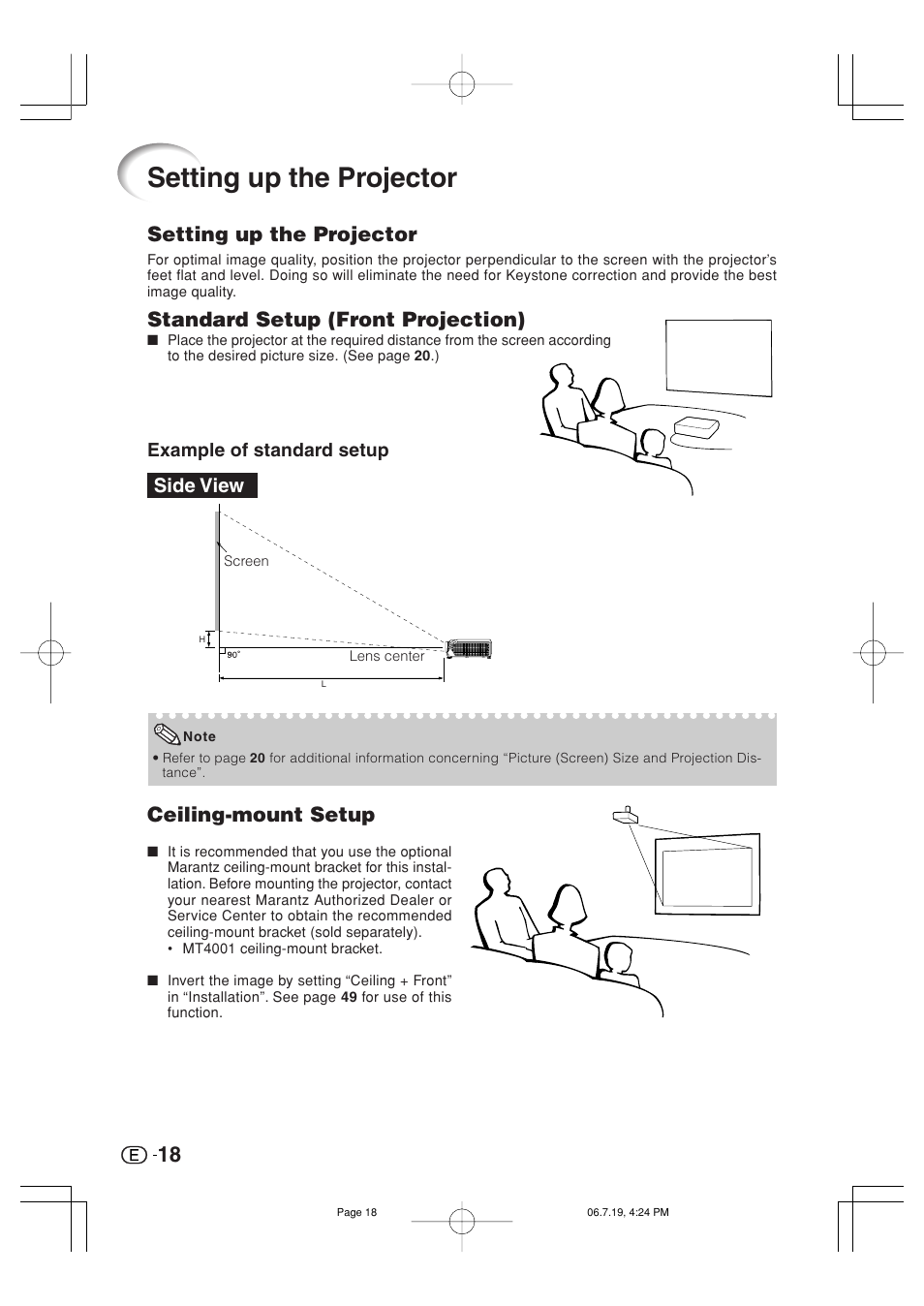 Setting up the projector, Ceiling-mount setup, Standard setup (front projection) | Side view | Marantz VP4001 User Manual | Page 19 / 66