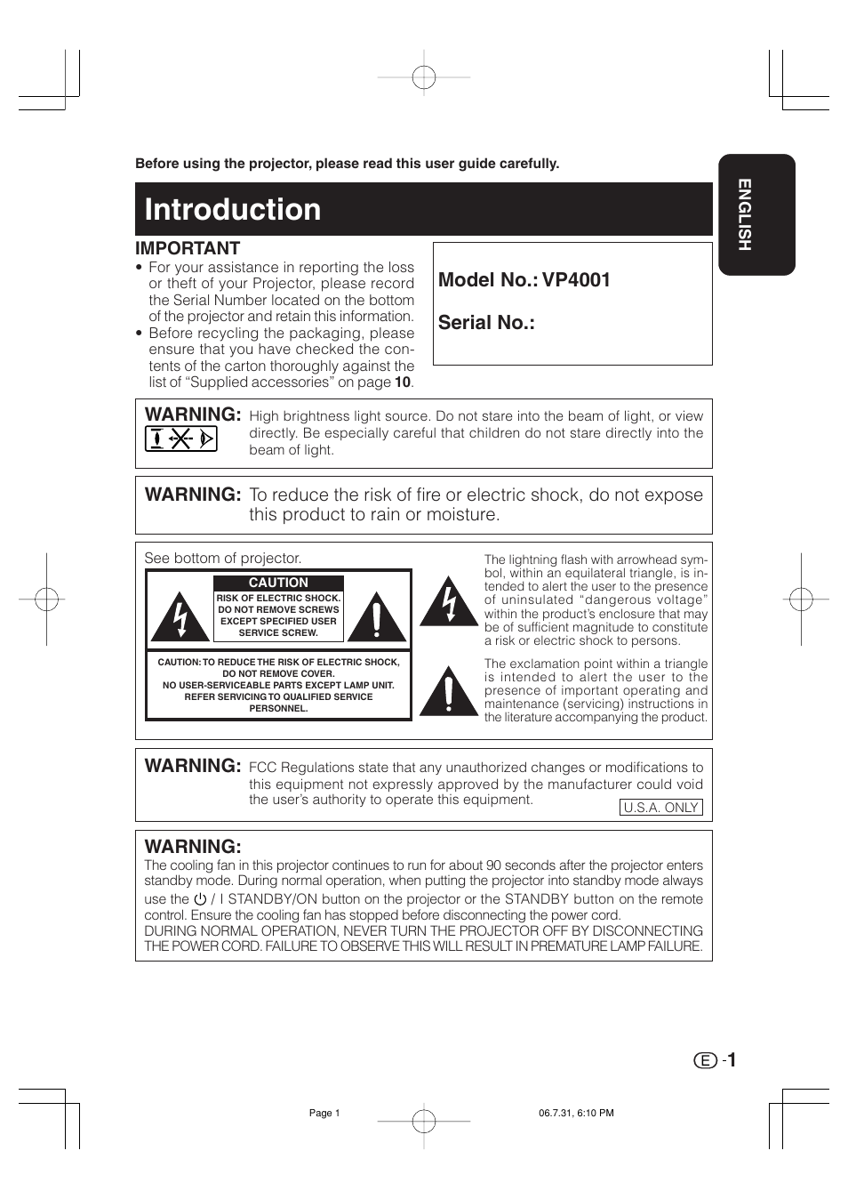 Introduction, Model no.: vp4001 serial no, Warning | Important | Marantz VP4001 User Manual | Page 2 / 66