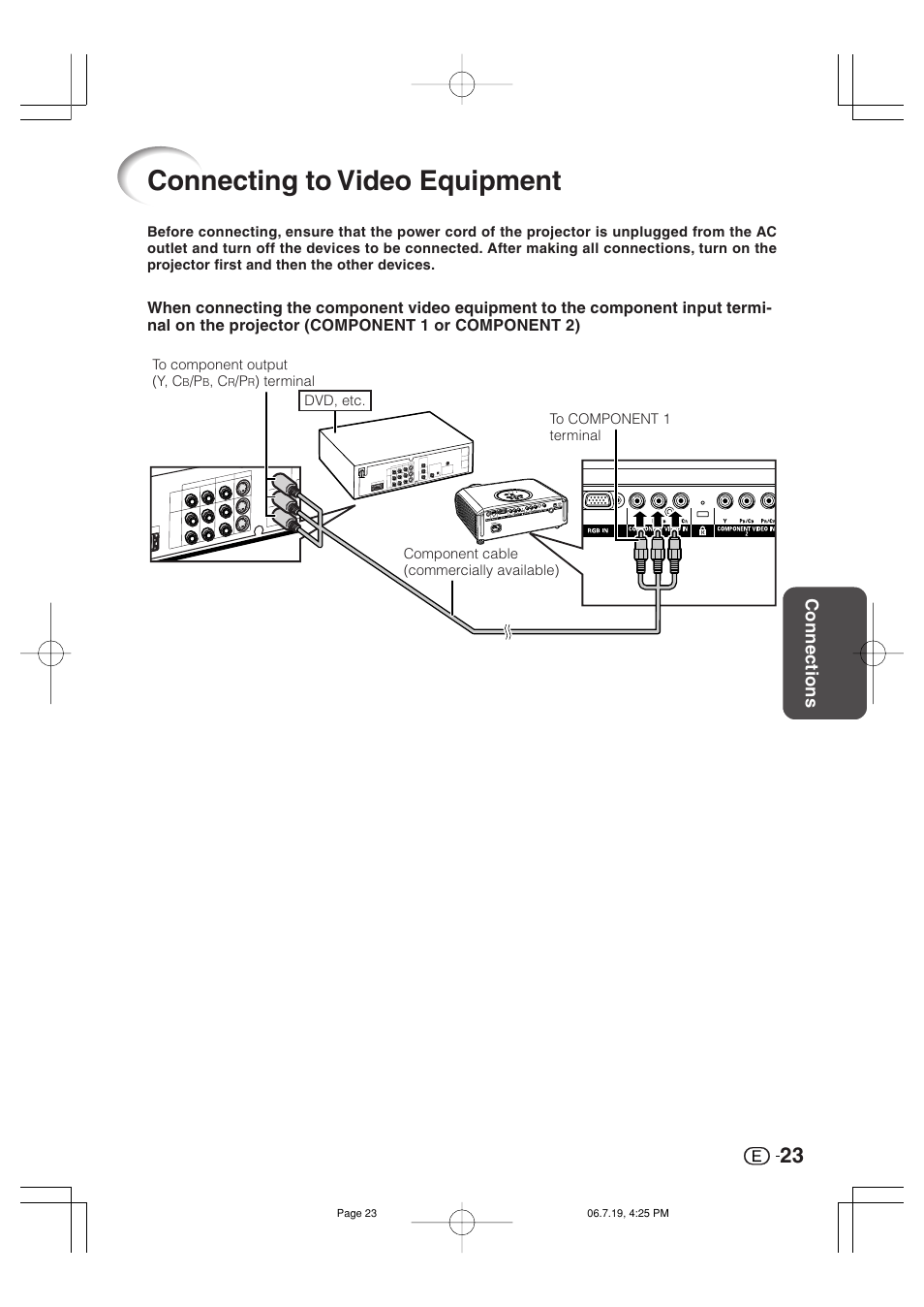 Connecting to video equipment, Connections | Marantz VP4001 User Manual | Page 24 / 66