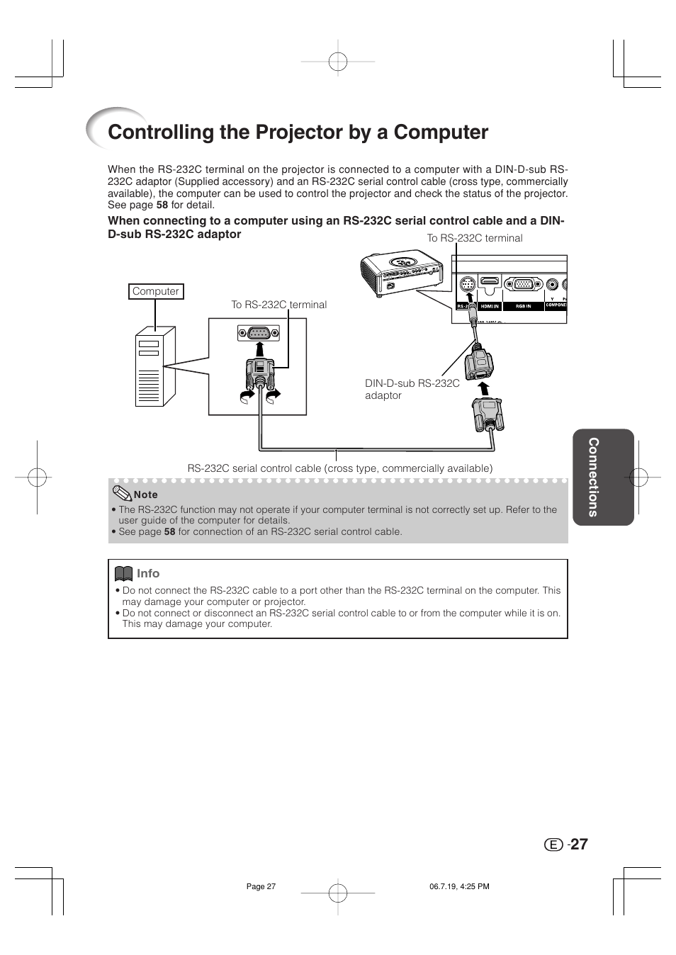 Controlling the projector by a computer, Connections | Marantz VP4001 User Manual | Page 28 / 66