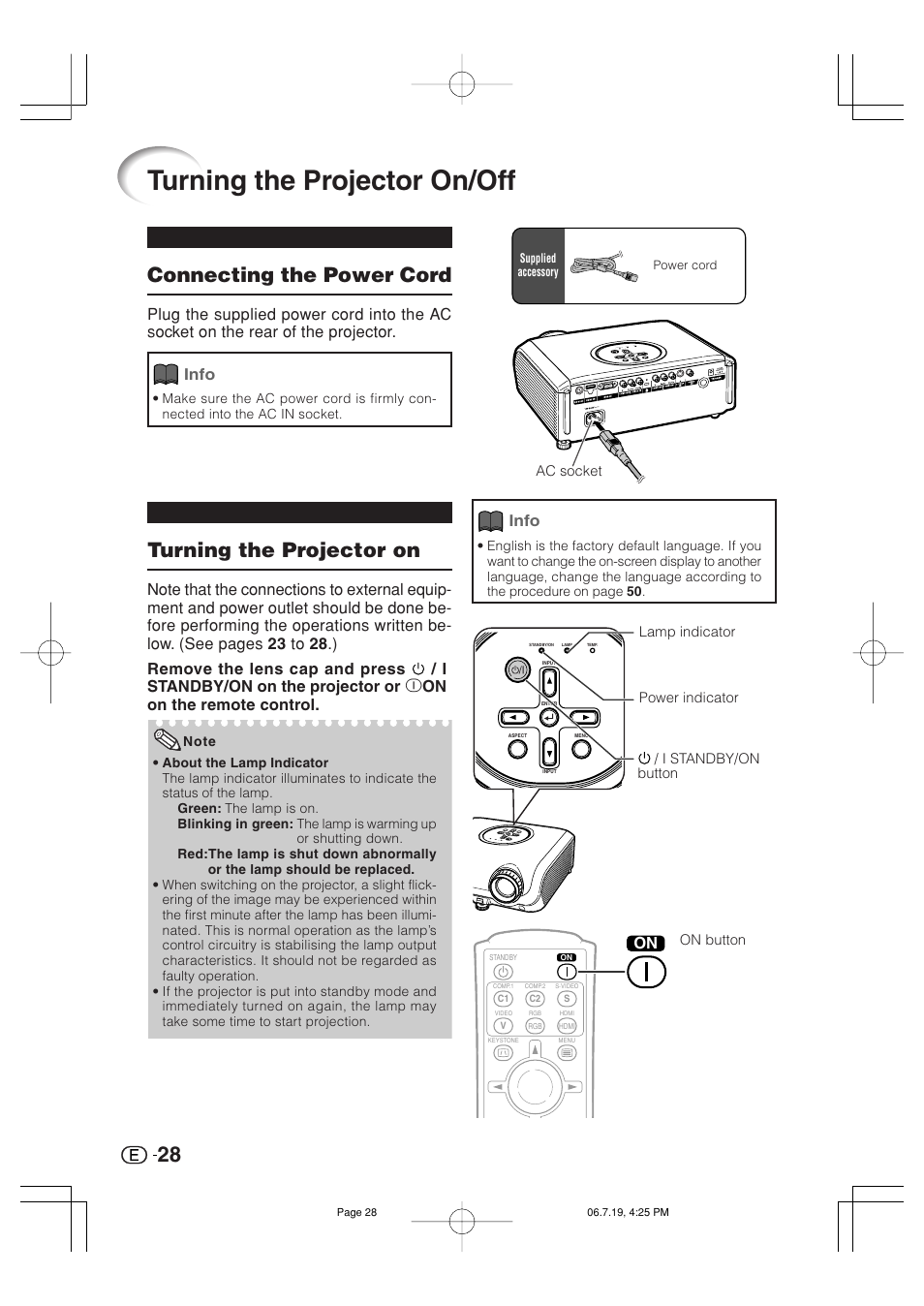 Turning the projector on/off, Turning the projector on, Connecting the power cord | Info | Marantz VP4001 User Manual | Page 29 / 66