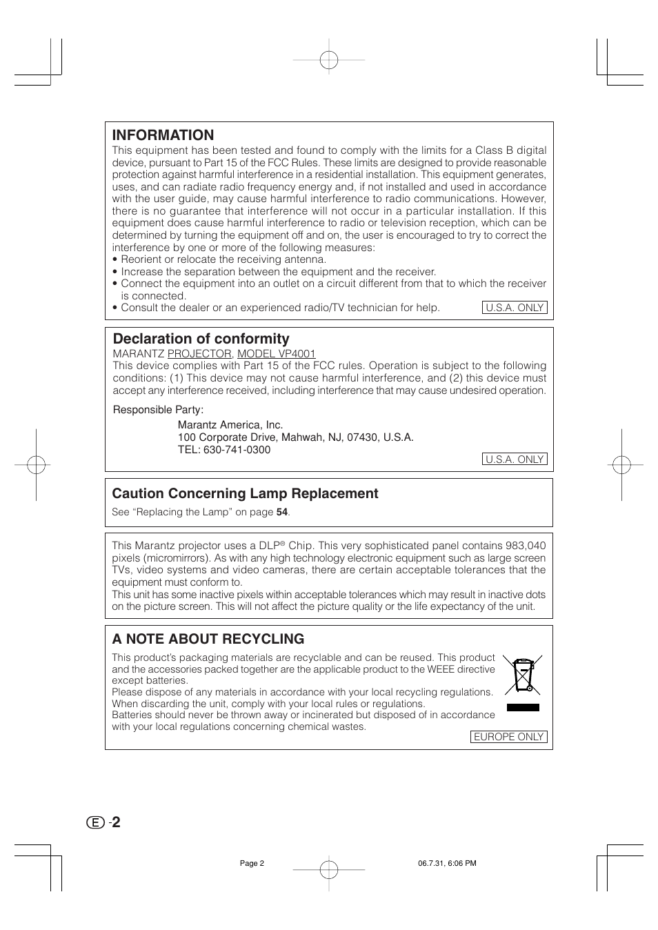 Information, Declaration of conformity, Caution concerning lamp replacement | Marantz VP4001 User Manual | Page 3 / 66