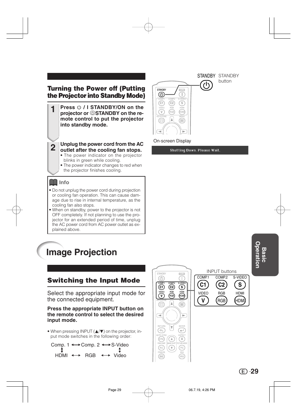 Image projection, Switching the input mode, Basic operation | C1 v c2 s, Info, Standby, Comp. 1 comp. 2 s-video hdmi rgb video | Marantz VP4001 User Manual | Page 30 / 66