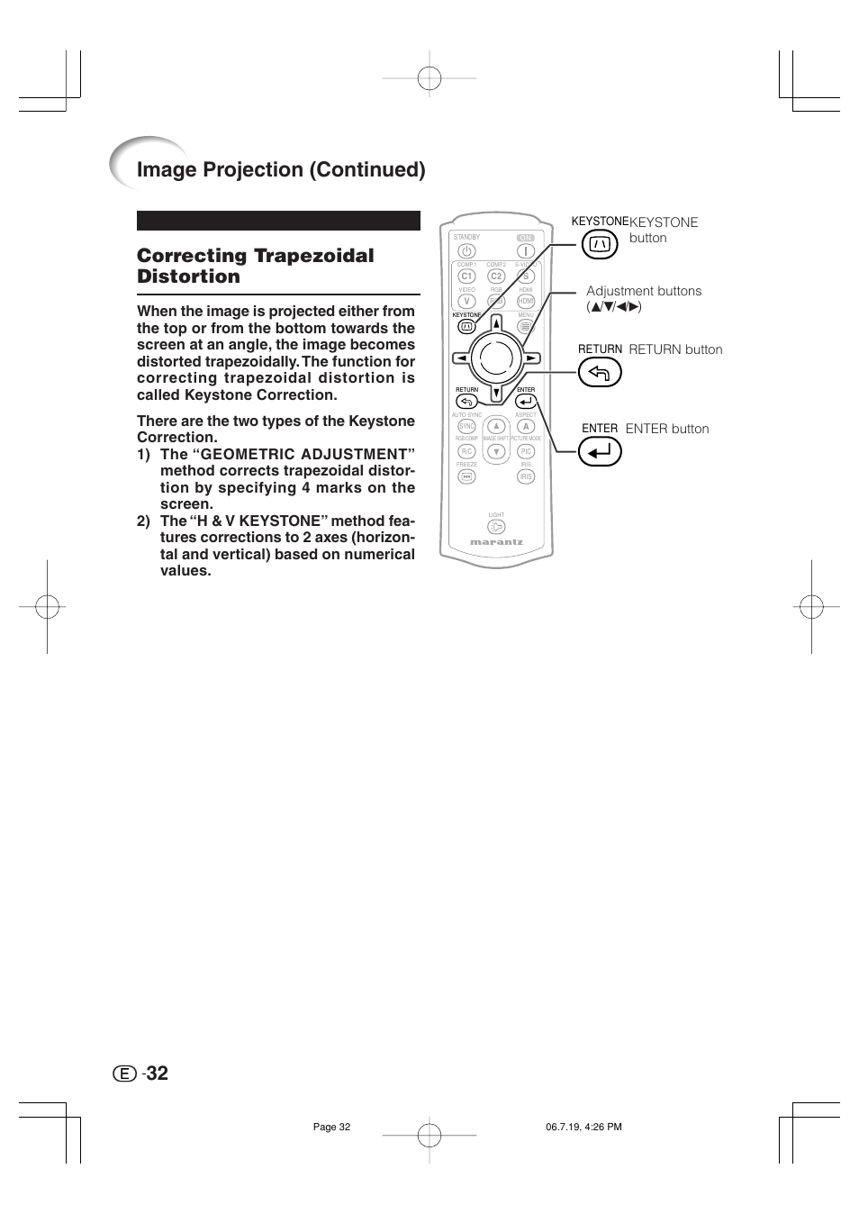 Image projection (continued), Correcting trapezoidal distortion, Adjustment buttons (p/r/o/q) keystone button | Return button enter button | Marantz VP4001 User Manual | Page 33 / 66