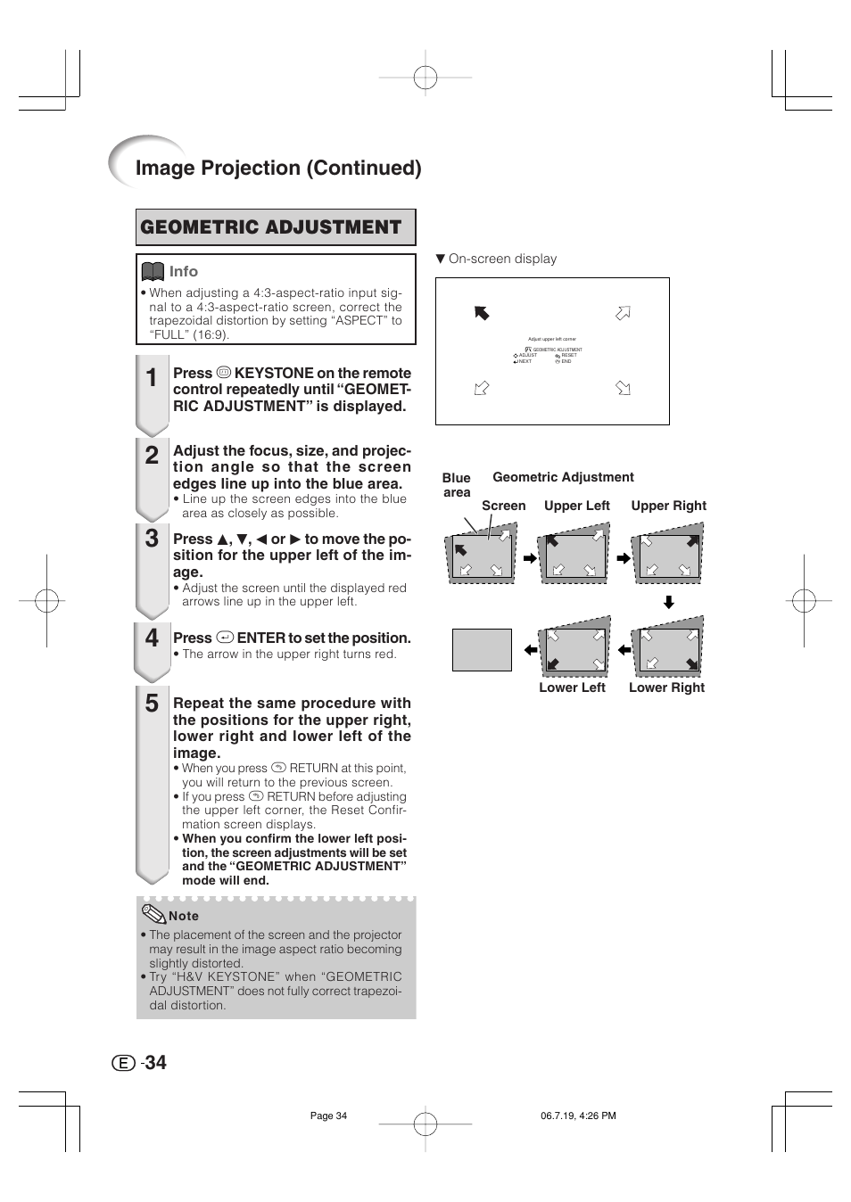 Image projection (continued), Geometric adjustment | Marantz VP4001 User Manual | Page 35 / 66