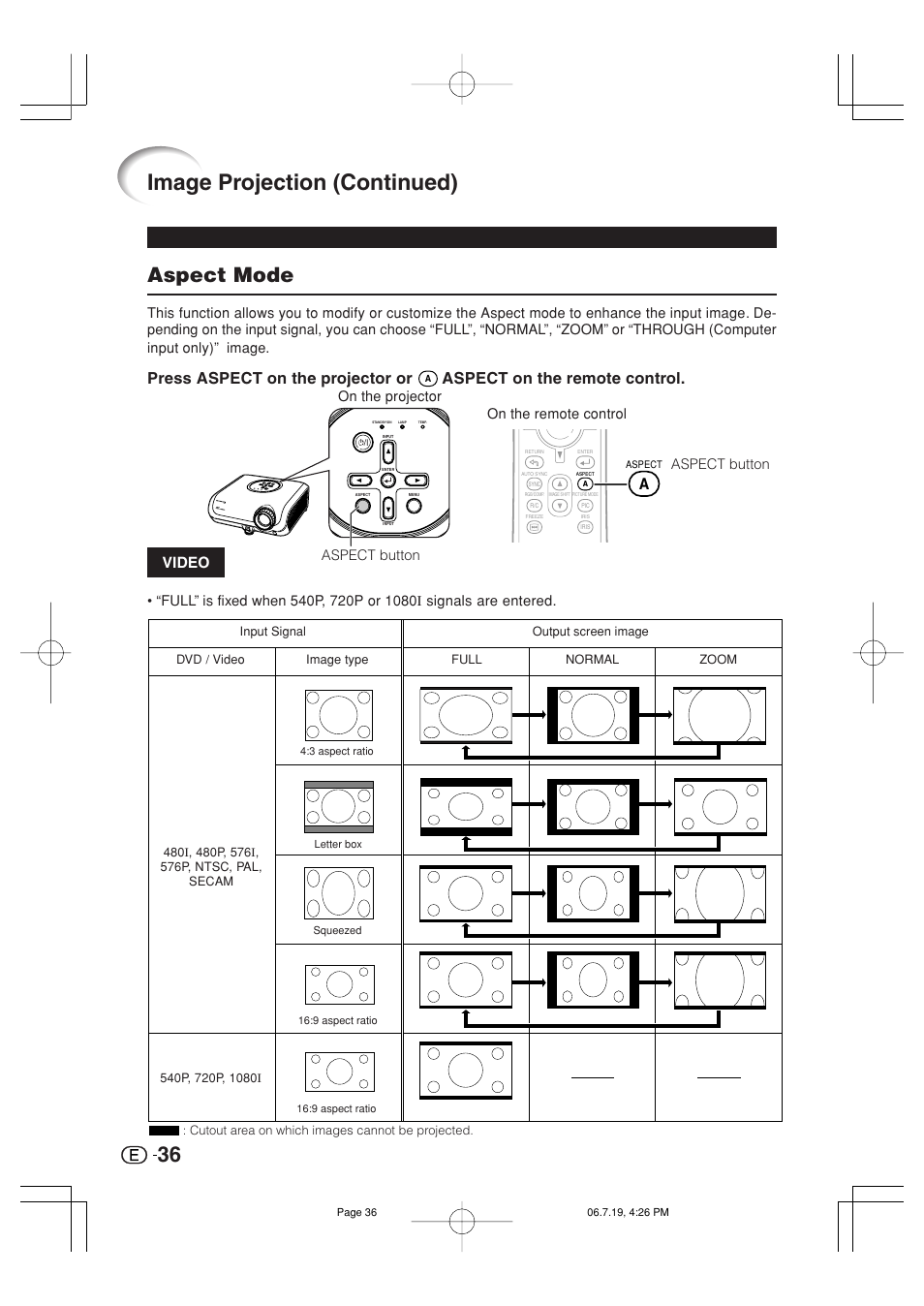 Image projection (continued), Aspect mode, Press aspect on the projector or | Aspect on the remote control, Video | Marantz VP4001 User Manual | Page 37 / 66