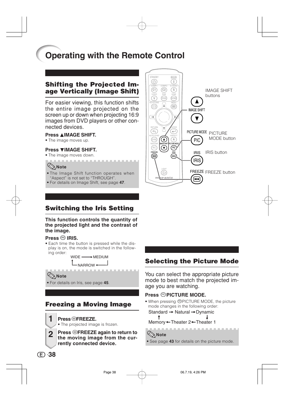 Operating with the remote control, Freezing a moving image, Switching the iris setting | Selecting the picture mode, Press h freeze, Press p image shift, Press r image shift, Iris, Press, Picture mode | Marantz VP4001 User Manual | Page 39 / 66