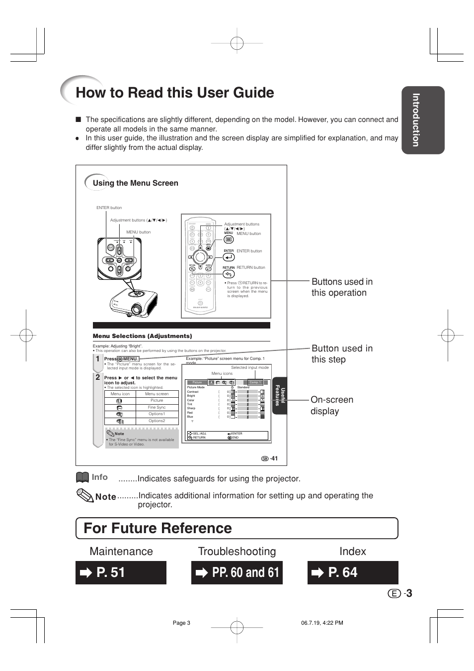 How to read this user guide, For future reference, Index maintenance troubleshooting | Intr oduction, Using the menu screen | Marantz VP4001 User Manual | Page 4 / 66