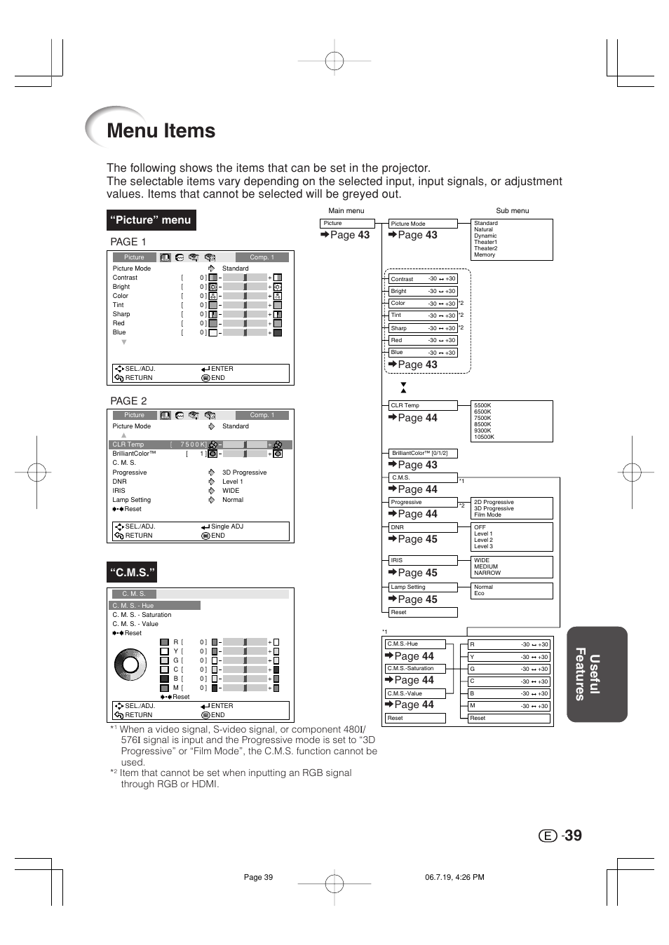 Menu items, Useful features, C.m.s | Picture” menu, Page 43, Page 44, Page 2, Page 1 | Marantz VP4001 User Manual | Page 40 / 66