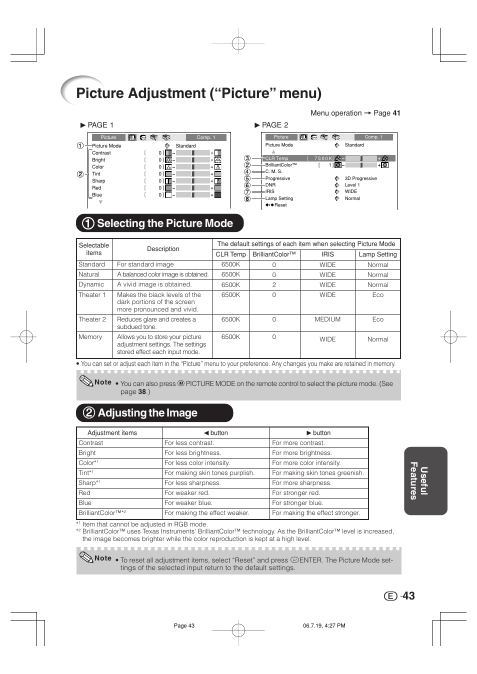 Picture adjustment (“picture” menu), 11 selecting the picture mode, 22 adjusting the image | Useful features | Marantz VP4001 User Manual | Page 44 / 66