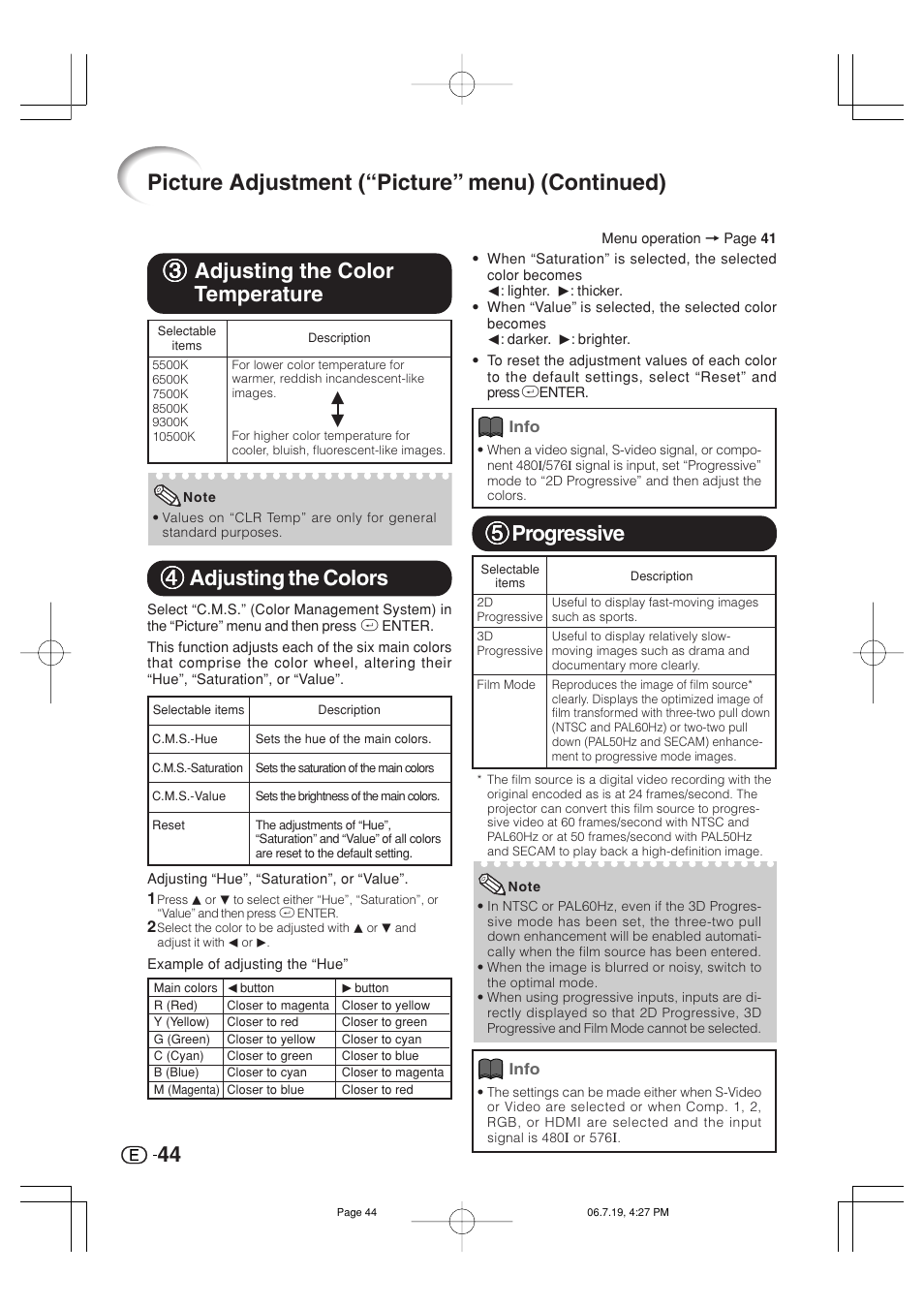 Picture adjustment (“picture” menu) (continued), 33 adjusting the color temperature, 44 adjusting the colors | 55 progressive | Marantz VP4001 User Manual | Page 45 / 66