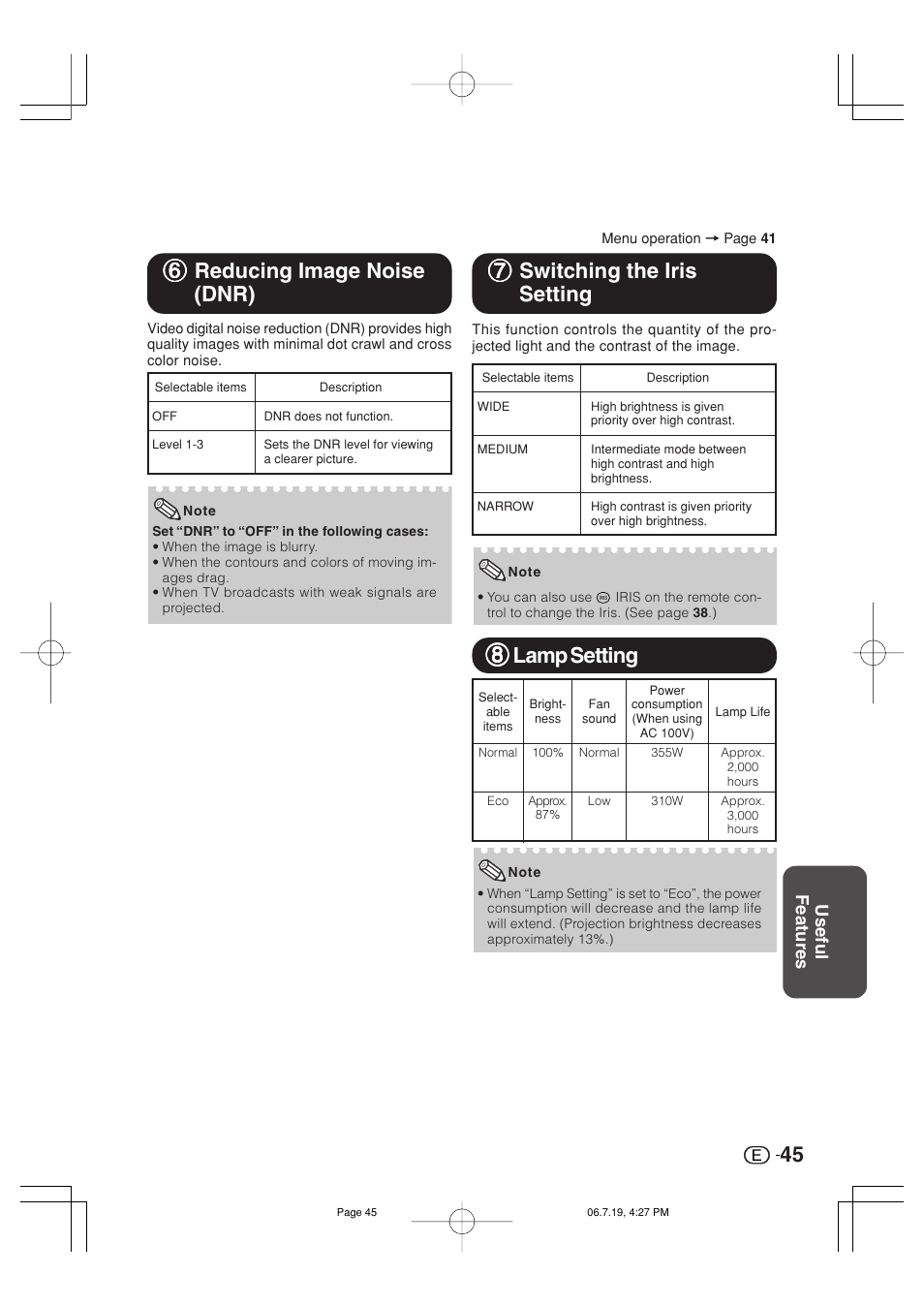 77 switching the iris setting, 88 lamp setting | Marantz VP4001 User Manual | Page 46 / 66