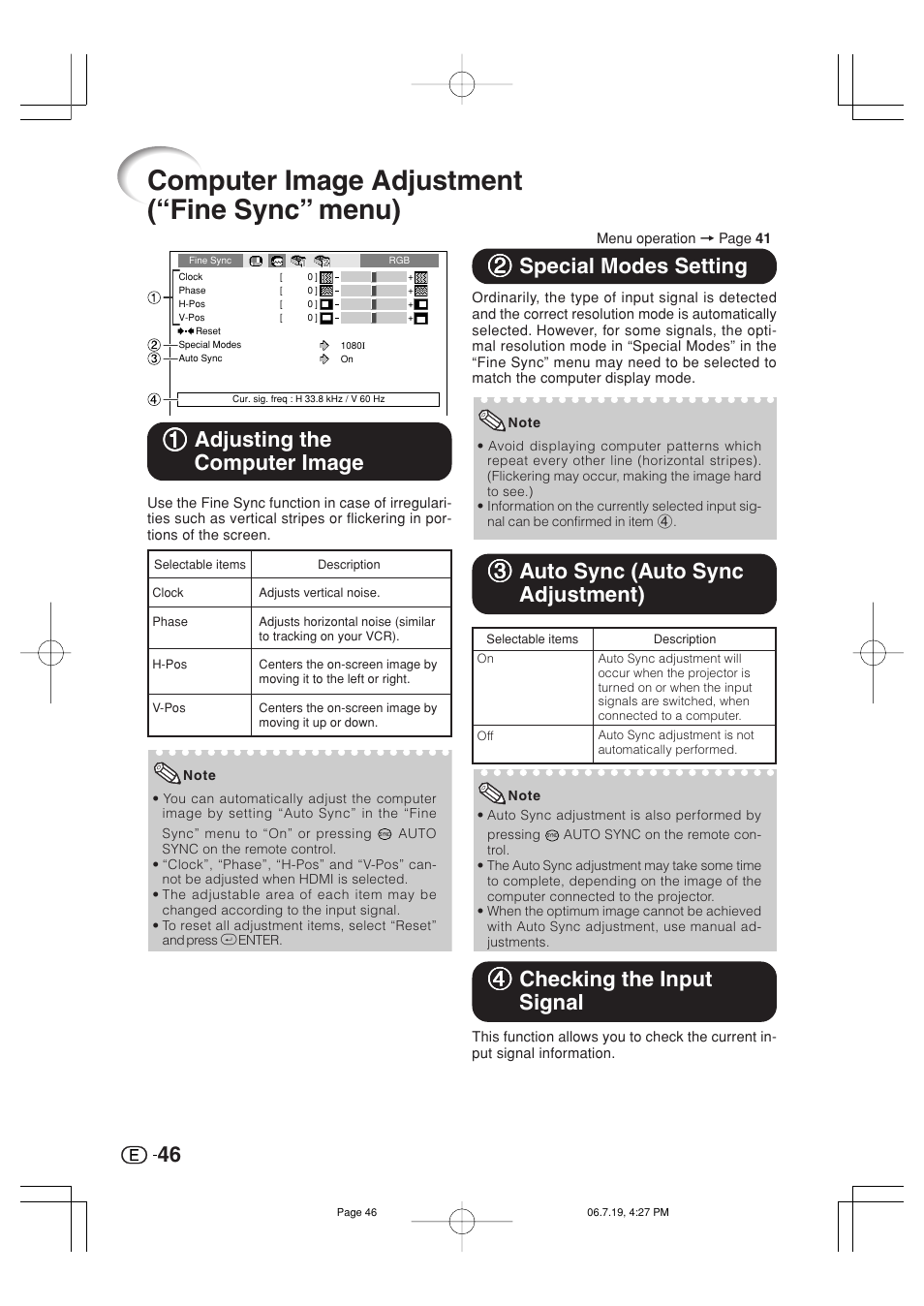 Computer image adjustment (“fine sync” menu), 11 adjusting the computer image, 22 special modes setting | 44 checking the input signal | Marantz VP4001 User Manual | Page 47 / 66