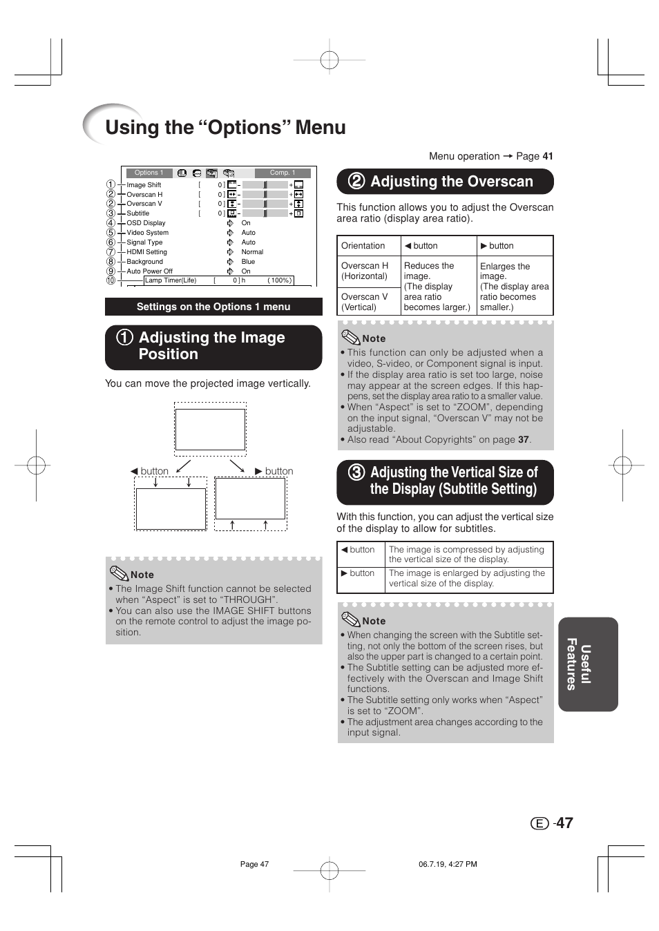 Using the “options” menu, 11 adjusting the image position, 22 adjusting the overscan | Useful features | Marantz VP4001 User Manual | Page 48 / 66