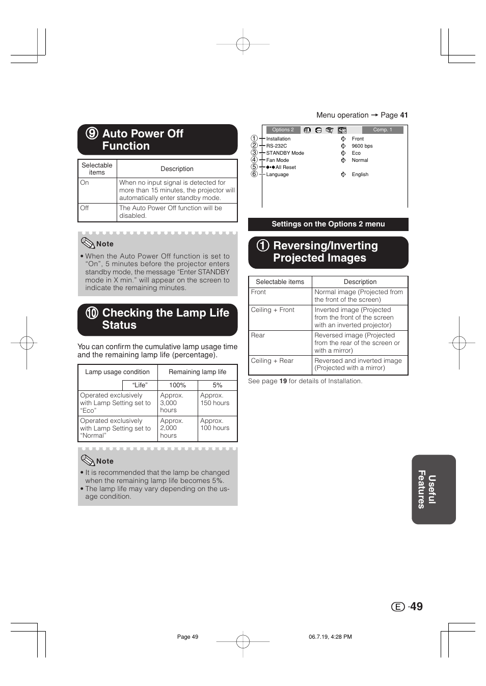 11 reversing/inverting projected images, 99 auto power off function, 00 checking the lamp life status | Useful features | Marantz VP4001 User Manual | Page 50 / 66