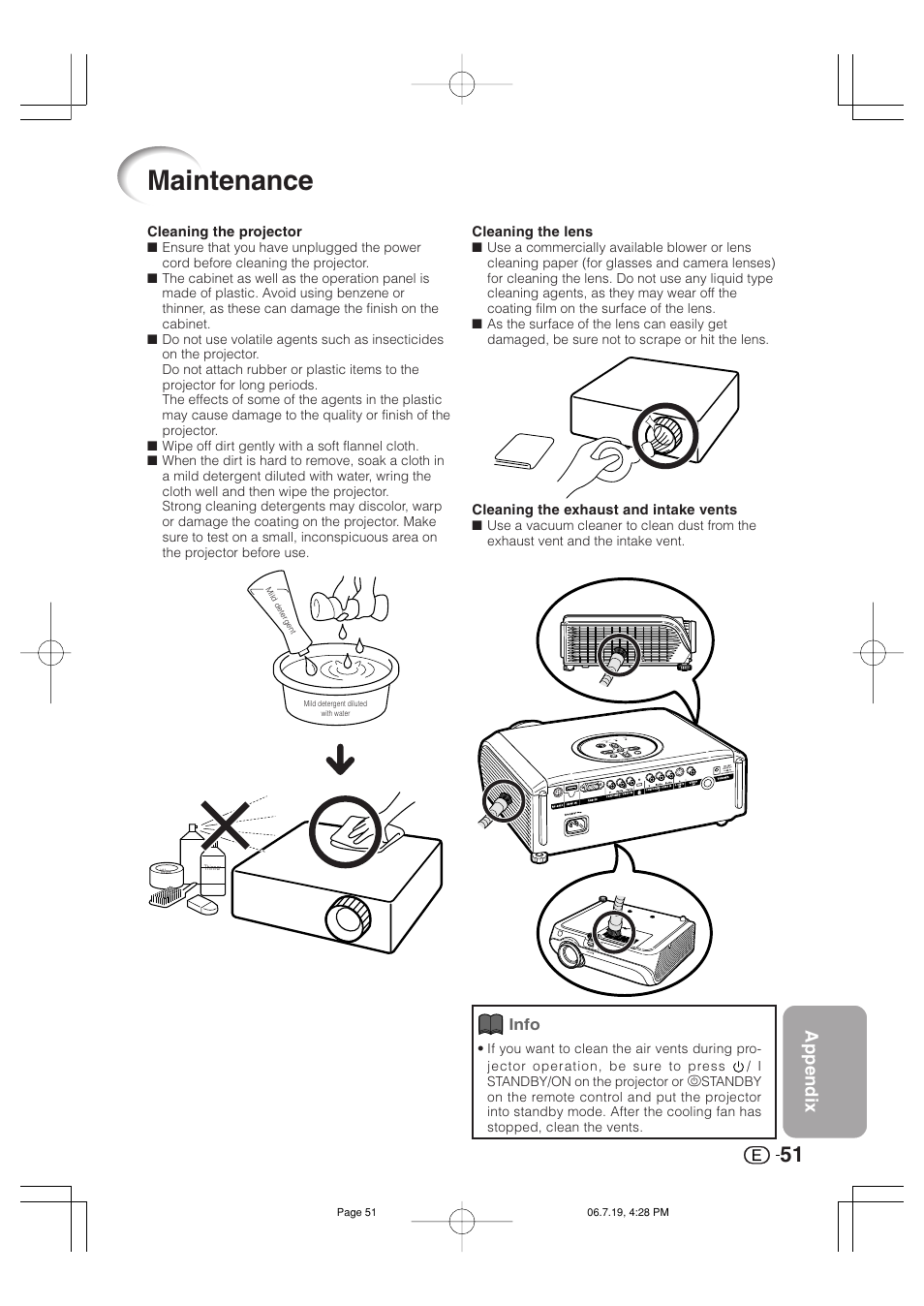 Maintenance, Appendix | Marantz VP4001 User Manual | Page 52 / 66