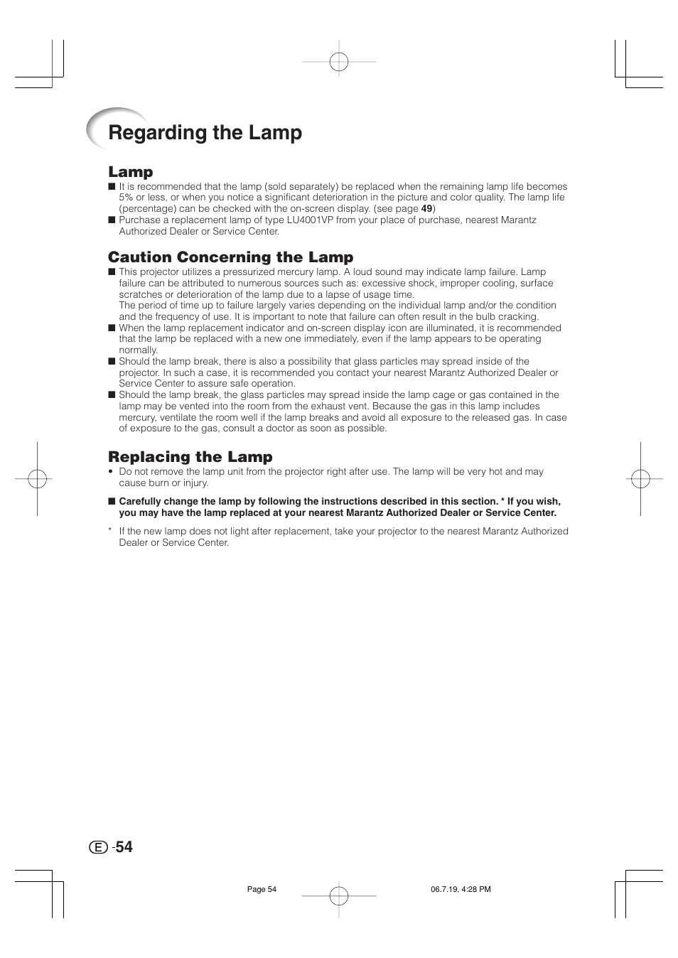 Regarding the lamp, Lamp, Caution concerning the lamp | Replacing the lamp | Marantz VP4001 User Manual | Page 55 / 66