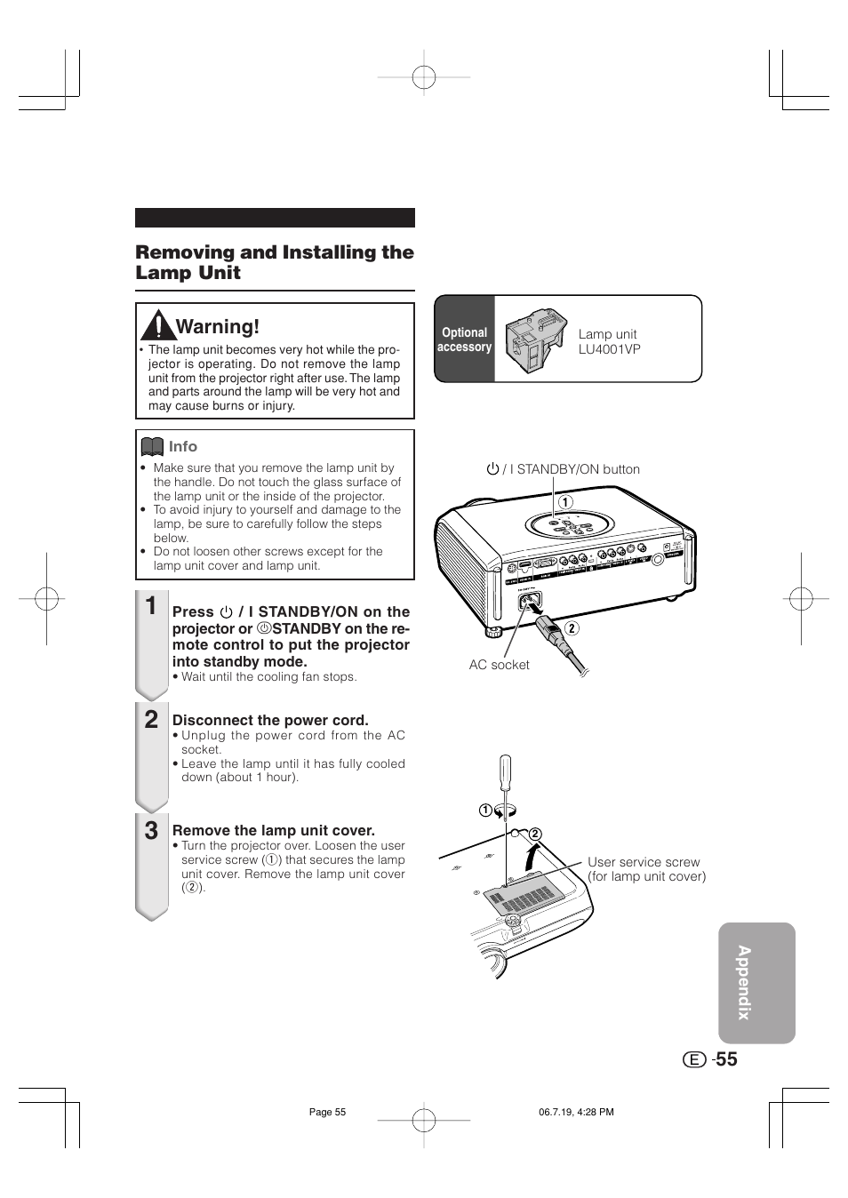 Warning, Removing and installing the lamp unit | Marantz VP4001 User Manual | Page 56 / 66