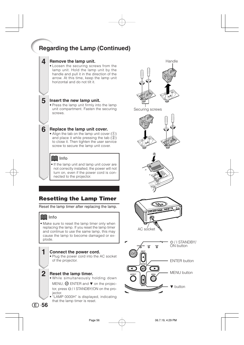 Regarding the lamp (continued), Resetting the lamp timer | Marantz VP4001 User Manual | Page 57 / 66